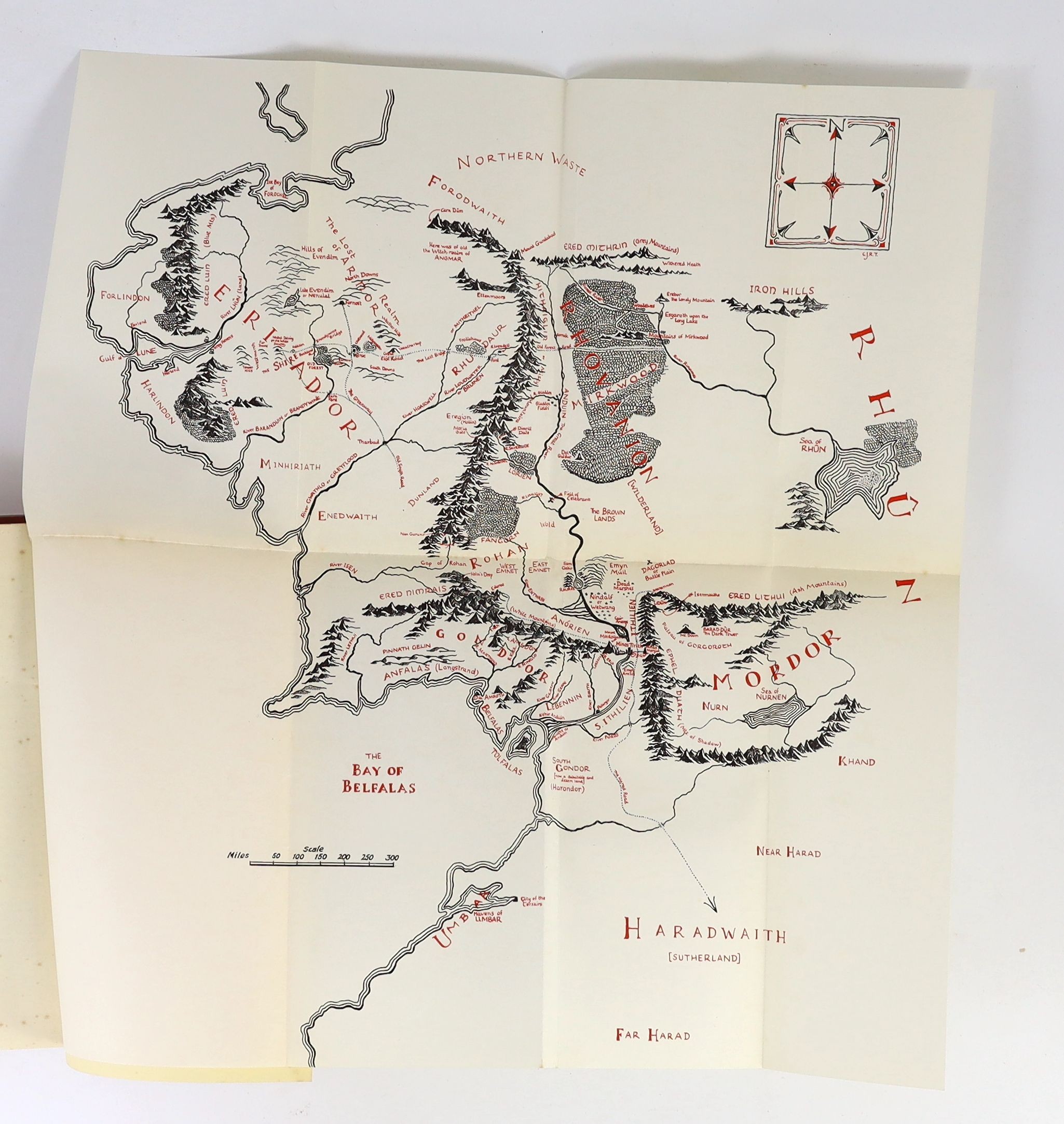 Tolkien, J.R.R - Lord of the Rings - The Fellowship of the Ring, 11th impression, 1961, The Two Towers, 10th impression, 1963 and The Return of the King, 11th impression, 1965, all with unclipped d/j’s, retaining folded